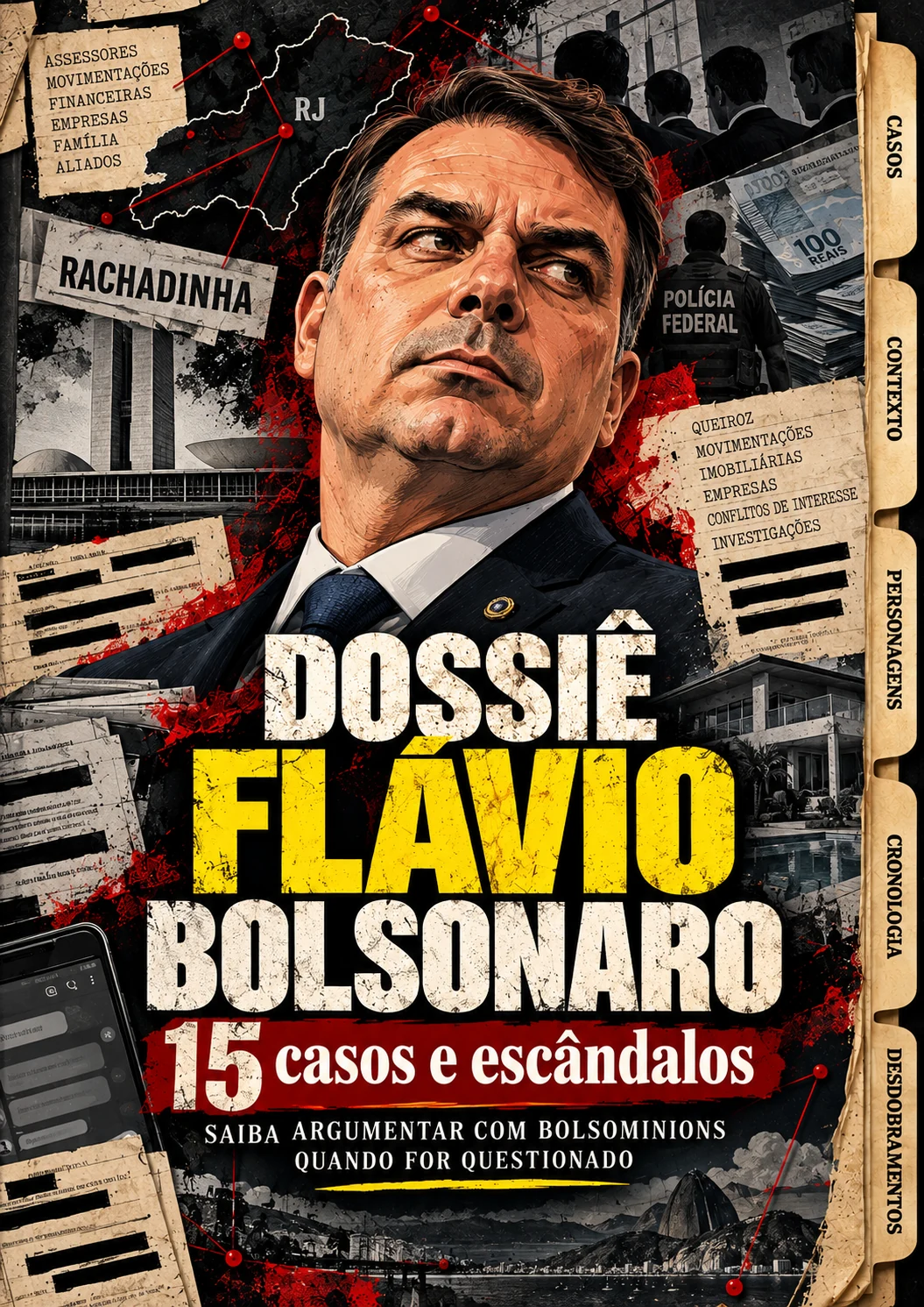 Capa ilustrada do Dossiê Flávio Bolsonaro